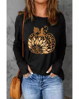 Azura Exchange Black Sunflower Pumpkin Graphic Thumbhole Sleeve Top M чёрный