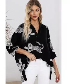 Azura Exchange Black Tiger Print 3/4 Sleeve Oversized Shirt L чёрный