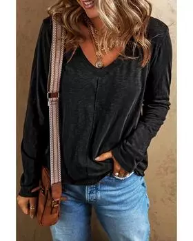 Azura Exchange Черная футболка с V-образным вырезом и длинным рукавом по центру S чёрный