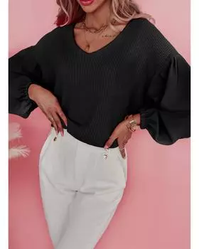 Azura Exchange Black Waffle Knit Balloon Sleeve Splicing V Neck Top L чёрный