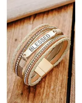 Azura Exchange BLESSED Rhinestone Leather Layered Bracelet ONE SIZE бежевый