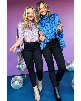 Azura Exchange Blue Animal Printed Mock Neck Detail Caftan Top M синий