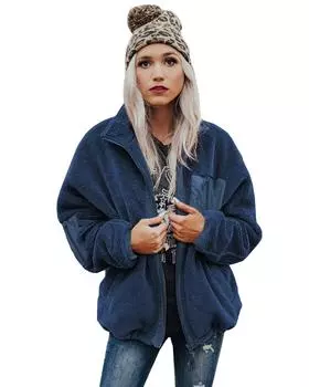 Azura Exchange Синее черное пальто из шерпы на молнии с карманом M синий