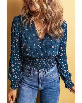 Azura Exchange Blue Lace Trim V Neck Floral Smocked Long Sleeve Blouse L синий
