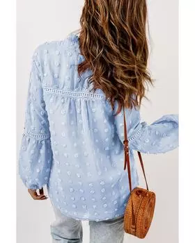 Azura Exchange Синяя блузка в горошек с оборками, разрезом на шее, кружевом и ажурными рукавами-фонариками XL небесно-голубой