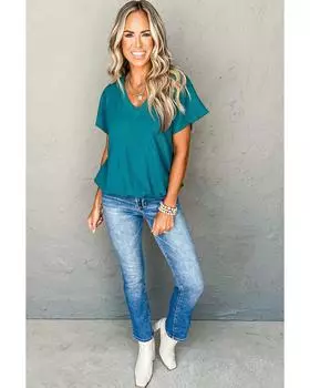 Azura Exchange Футболка с широкими рукавами и V-образным вырезом цвета сапфир L синий сапфира