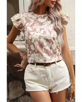 Azura Exchange Блузка цвета хаки с цветочным принтом и короткими рукавами с оборками L хаки