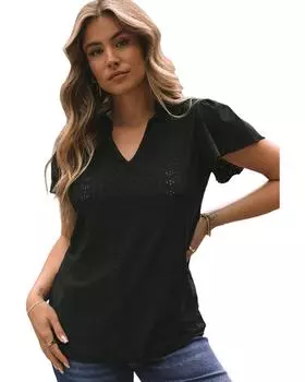 Azura Exchange Блузка-крылышки с V-образным вырезом и кружевом S чёрный