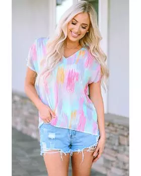 Azura Exchange Блузка «летучая мышь» с абстрактным принтом и V-образным вырезом M разноцветный