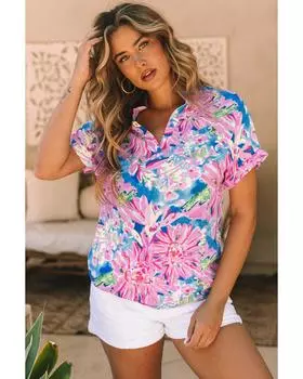 Azura Exchange Блузка с абстрактным цветочным принтом и V-образным вырезом S розовый