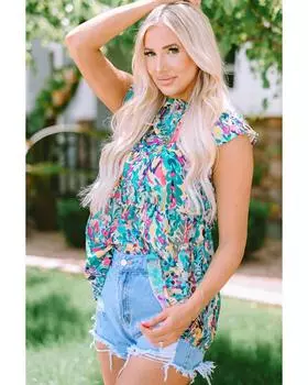 Azura Exchange Блузка с баской и V-образным вырезом, абстрактным принтом и завязками XL разноцветный