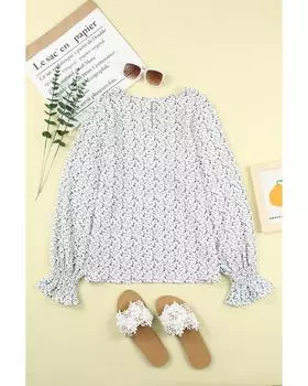 Azura Exchange Блузка с цветочным принтом, гофрированной тканью и рукавами-фонариками L чёрный