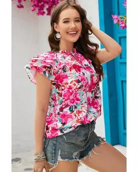 Azura Exchange Блузка с цветочным принтом и рукавами-крылышками XL ярко-розовый