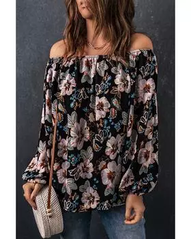 Azura Exchange Блузка с цветочным принтом и открытыми плечами M чёрный