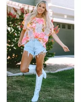 Azura Exchange Блузка с цветочным принтом и присборенными манжетами на рукавах XL розовый