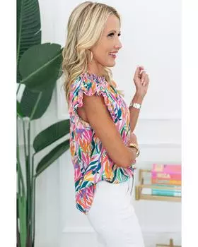 Azura Exchange Блузка с цветочным принтом розового цвета и оборками на рукавах-крылышках XL розы красного