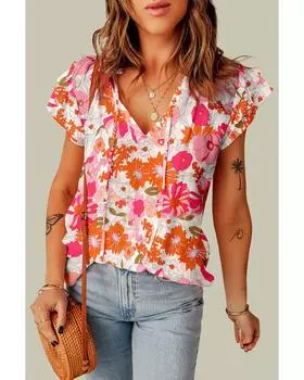 Azura Exchange Блузка с цветочным принтом, рукавами-оборками и разрезом в форме V-образного выреза XL разноцветный