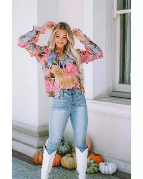 Azura Exchange Блузка с длинными рукавами и оборками XL розовый