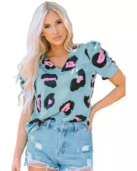 Azura Exchange Блузка с короткими рукавами и леопардовым принтом S небесно-голубой