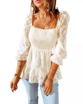 Azura Exchange Блузка с квадратным вырезом и присборенными рукавами-фонариками S бежевый