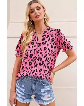 Azura Exchange Блузка с леопардовым принтом и рукавами-фонариками 2XL розовый