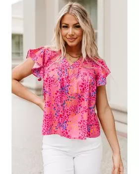 Azura Exchange Блузка с леопардовым принтом и рукавами-крылышками M красный