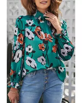 Azura Exchange Блузка с принтом и присборенным воротником M зелёный