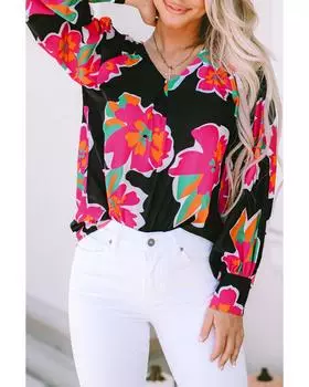 Azura Exchange Блузка с принтом и рукавами-фонариками S чёрный