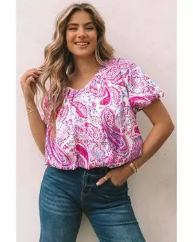 Azura Exchange Блузка с принтом пейсли и рукавами-фонариками M красный