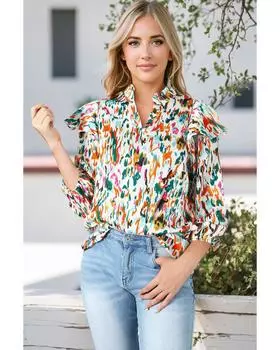 Azura Exchange Блузка с разноцветным абстрактным принтом, рукавами-фонариками 3/4 и оборками M разноцветный