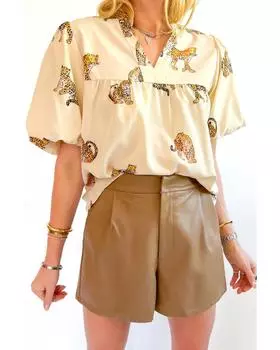 Azura Exchange Блузка с разрезом на горловине и рукавами-фонариками в абрикосовом цвете с принтом гепарда L абрикосовый