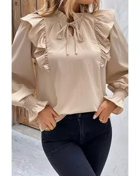 Azura Exchange Блузка с рукавами-фонариками и оборками XL хаки