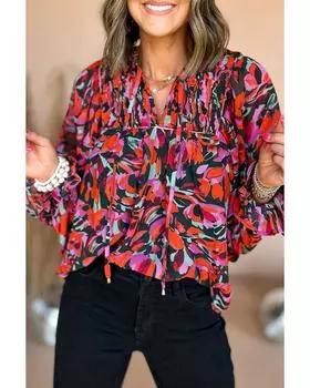 Azura Exchange Блузка с рукавами-фонариками и абстрактным цветочным узором «Красный георгин» M красный/георгин