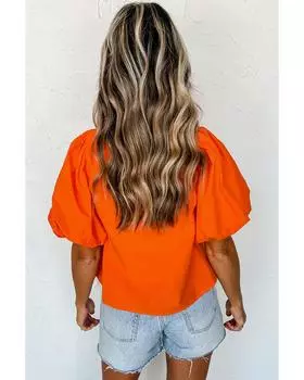 Azura Exchange Блузка с рукавами-фонариками из оранжевого кружева с ажурным узором M оранжевый