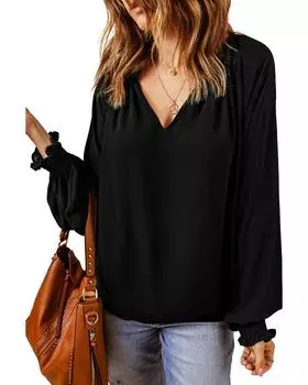 Azura Exchange Блузка с V-образным вырезом и пышными рукавами S чёрный