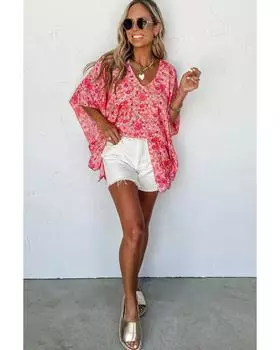Azura Exchange Блузка в стиле кимоно с цветочным принтом в стиле бохо-розового цвета и V-образным вырезом M розовый