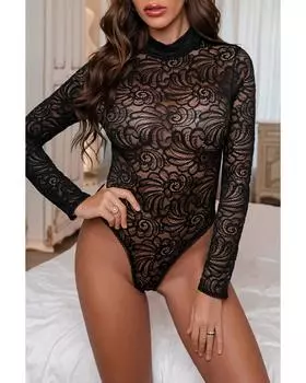 Azura Exchange Боди с кружевом и высоким воротом L чёрный
