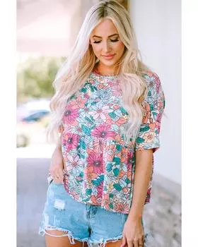 Azura Exchange Bohemian Flower Print Flowy Short Sleeve Top S разноцветный