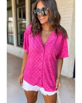Azura Exchange Bright Pink Lapel Neck Checkered Textured Short Sleeve Shirt L яркий розовый