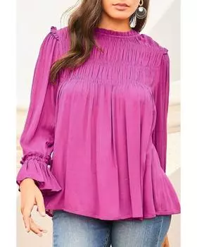 Azura Exchange Bright Pink Shirred Button Keyhole Back Flounce Sleeve Blouse M яркий розовый