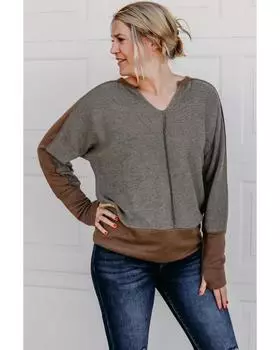 Azura Exchange Brown Contrast Patchwork Thumbhole Sleeve Top L коричневый