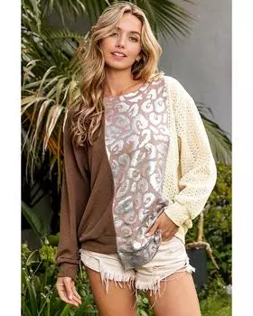 Azura Exchange Brown Glitter Leopard Patchwork Crew Neck Long Sleeve Top S коричневый