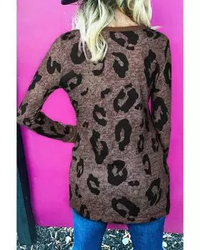 Azura Exchange Коричневый топ с леопардовым принтом и длинными рукавами и вырезом для большого пальца S коричневый