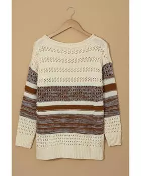 Azura Exchange Brown Loose Openwork Round Neck Sweater L коричневый