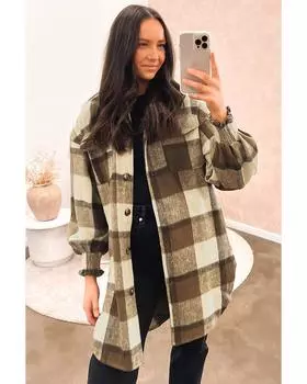 Azura Exchange Brown Plaid Flap Pocket Smocked Cuff Shacket M коричневый