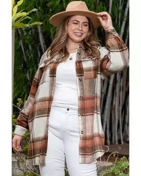 Azura Exchange Brown Plus Size Plaid Flap Pockets Shacket 2X коричневый