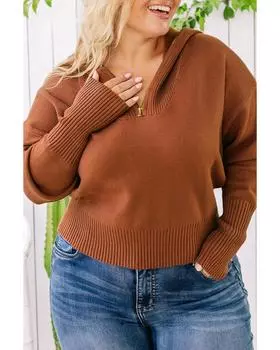 Azura Exchange Brown Solid Ribbed Trim Plus Size Zip Collar Sweater 1X коричневый