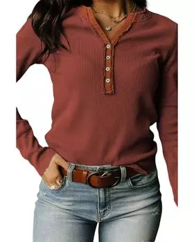 Azura Exchange Brown Trimmed Neckline Waffle Knit Henley Top S коричневый