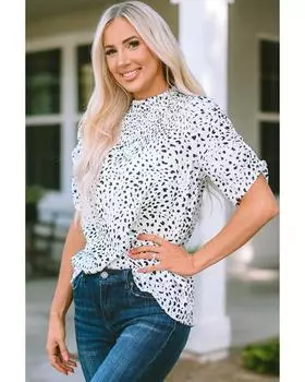 Azura Exchange Bubble Sleeve Blouse with Smocking Detail M леопардовый