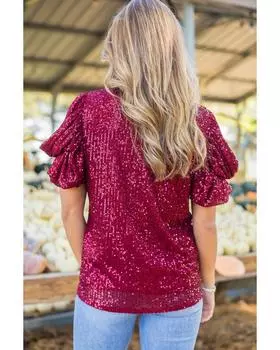 Azura Exchange Burgundy Glittering Sequin Short Bubble Sleeve Blouse M бордовый